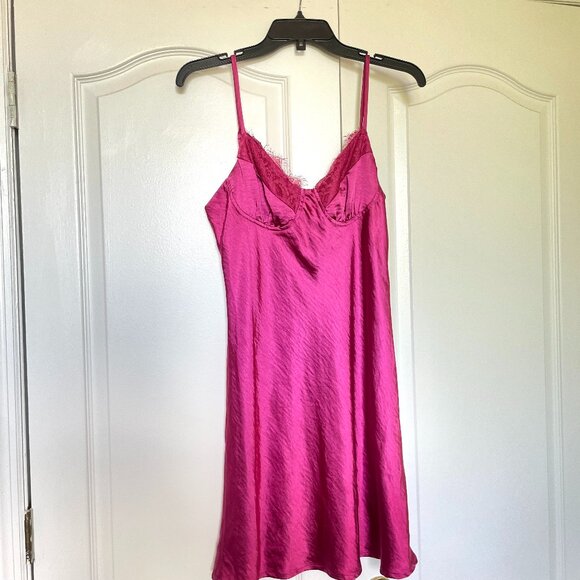 VRG GRL Fuschia Satin Slip Dress Lace - Picture 1 of 5